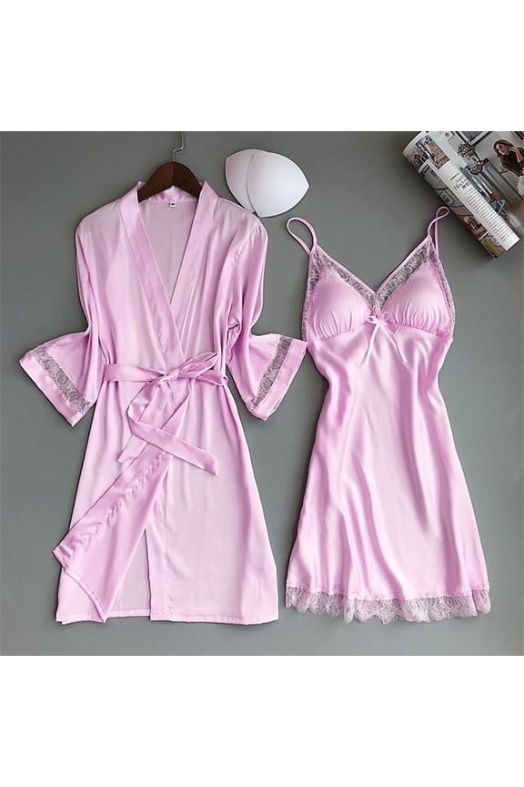 Women'S Kimono Robe Gorgeous Loungewear 2Pc Set Sleepwear Camisole&Robe,Satin Silk Nightgown with Robes Set Lace Cami Nightwear Pajama Sets Kimono Bridesmaid Robes Satin Nightgown and Robe Sets