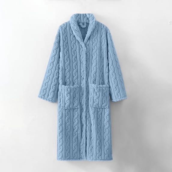 TEVEQ Women'S Long Robe Plain Soft Bathrobe Warm Button Down House Coat Fuzzy Comfy Spa Pajama Robe with Pockets Nightgowns for Women Cotton Snap Front Long Sleeve Warm Loungewear Sky Blue XL