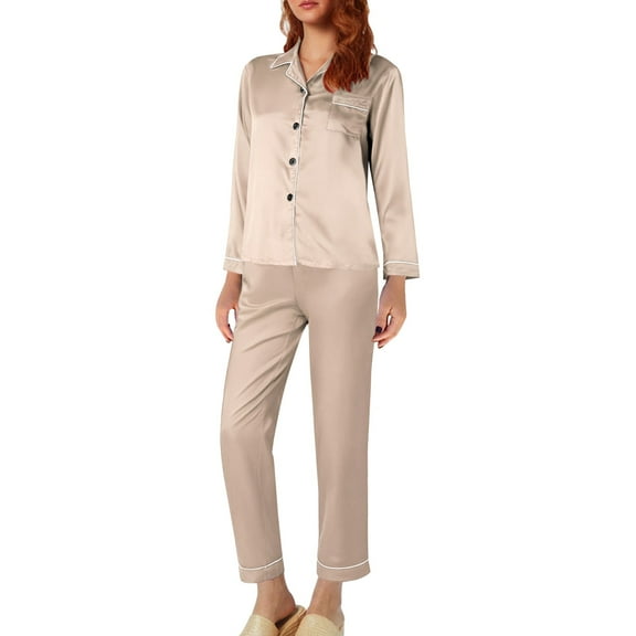 TEVEQ Women Silk Pajamas Set Long Sleeve Ladies Satin Pj Sets Button-Down Pajama Sleepwear Loungewear Long Satin Underwear Sleepwear Long Suit Loose Set Women Nightgown Gold Xl