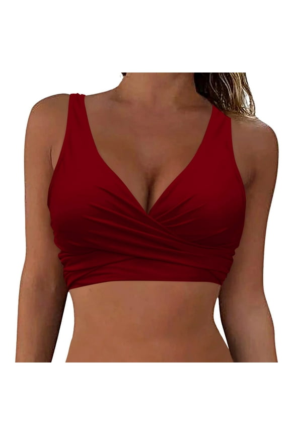 Women Swimsuit Bikini Top Wrap Self Tie Bathing Suit with Fixed Wide Straps Bikini Top V Neck Wrap Look Bralette Swimwear Sports Bikini Halterneck Vacation Summer Beach Bikini Top