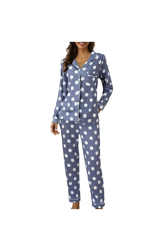 Women's Cotton 2 Piece Pajamas Set Button Down Long Sleeve Pjs Set Soft Lounge Set with Long Pants Cute Pajama Sets for Long Sleeve Sleepwear Button Loungewear Soft Set with Pockets Dark Blue L