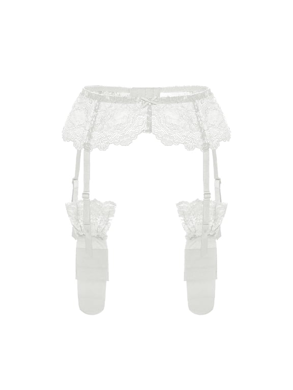 Women's Lace Thigh High Stockings with Garter Suspender Tight Pantyhose Women's Lace Embroidery See Through Garter Belt with Stockings White L