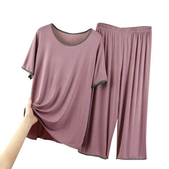 TEVEQ Women's Modal Pajamas Set Short Sleeve Top and Capri Pants Lightweight Sleepwear Comfy Pjs Lounge Set Round Neck Short Sleeved Home Wear Casual Pajama Set Purple Xxl