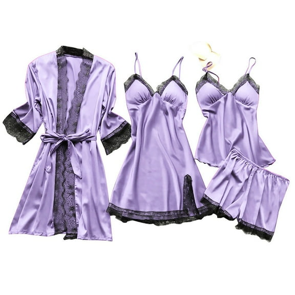 TEVEQ Women's Satin Silk Pajamas Set 4Pcs with Robe Lace Trim Shorts Lounge Sets Pants Sleepwear Sleepwear Sleepwear Women Lace Robe Dress Set Pajamas Nightdress Silk