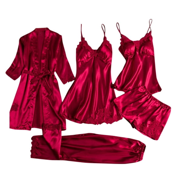 TEVEQ Women's Satin Silk Pajamas Set 5Pcs with Robe Lace Trim Shorts Lounge Sets Pants Sleepwear Lace Underwear Nightdress Wireless Sleepwear Rimless Women Silk Pajamas Red L