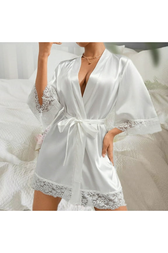 Women's Silk Robe Short Lace Trim Satin Kimono 3/4 Sleeve Bride Comfy Sleepwear Women's Short Robe Silky Satin Bathrobe Bride Bridesmaids Getting Ready Sleepwear Soft Nightgown White Xl