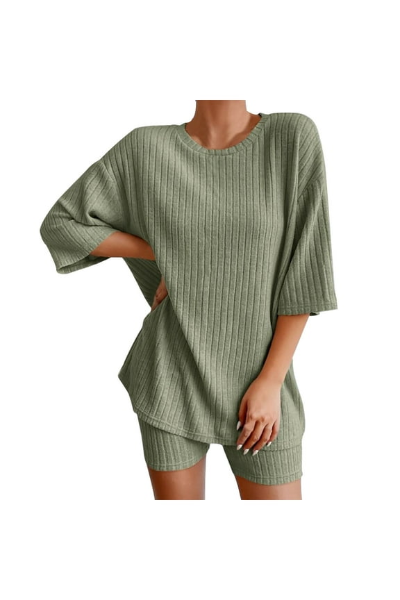 Women's Sleepwear 2 Sets Ribbed Knit Pajamas Matching Outfits T Shirt Biker Shorts Sleepwear Sweatsuits Pajamas for Women Green S
