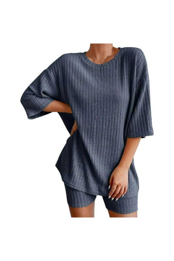 Women's Sleepwear 2 Sets Ribbed Knit Pajamas Matching Outfits T Shirt Biker Shorts Sleepwear Sweatsuits Pajamas for Women Navy Xl