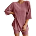 thumbnail image 1 of TEVEQ Women's Sleepwear 2 Sets Ribbed Knit Pajamas Matching Outfits T Shirt Biker Shorts Sleepwear Sweatsuits Pajamas for Women Red L, 1 of 9