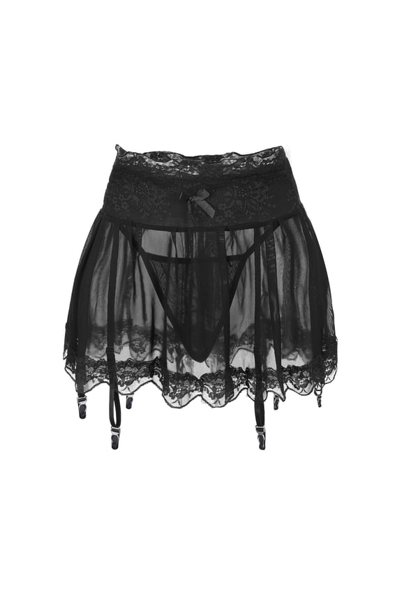 Women's Sleepwear Mini Skirt with Garters Belt Strappy Lace Trim Tulle Micro Skirts Underwear Skirt Polyester Color Daily Woman Black Xl