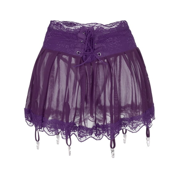 TEVEQ Women's Sleepwear Mini Skirt with Garters Belt Strappy Lace Trim Tulle Micro Skirts Underwear Skirt Polyester Color Daily Woman Purple S