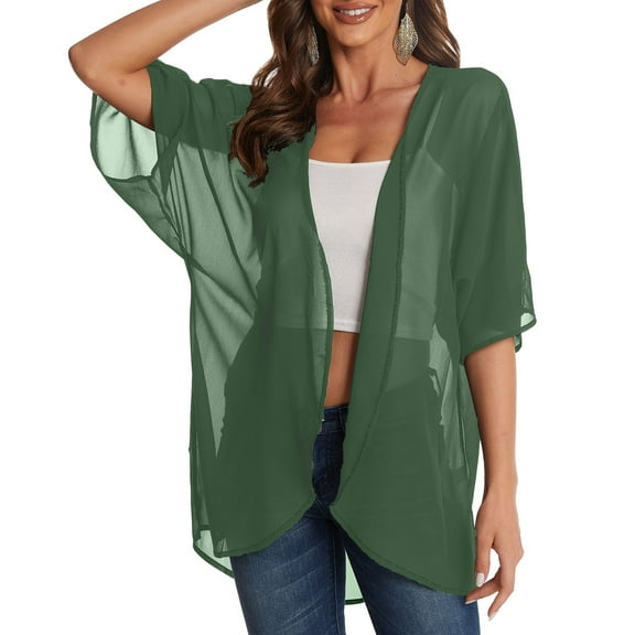 TEVEQ Women's Solid Color Fashionable Casual Chiffon Short Sleeved Up Swimsuit Coverup for Women Cover Ups for Swimwear Women 2025 New Army Green 3Xl