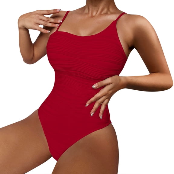 TEVEQ Women's Solid Color Textured Belly Skinny Swimsuit One Piece Swimsuit Women Tummy Control Slimming Cheeky Modest 2025 Trendy Swim Suits for Women 2025 Bathing Suit for Women One Piece Red M