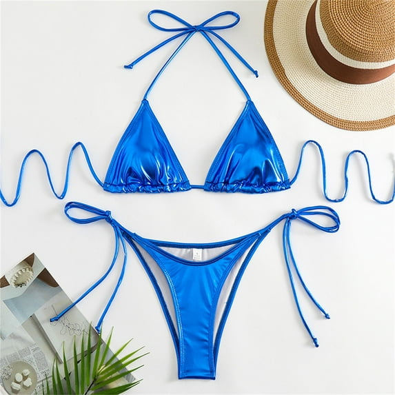 TEVEQ Women's Sparkly Hot Gold Bikini Solid Color Swimsuit Set Swim Suits for Women 2025 Bikini Sets for Women Bathing Suit for Women Bikini 2025 New Triangle Bikini Sets Blue S