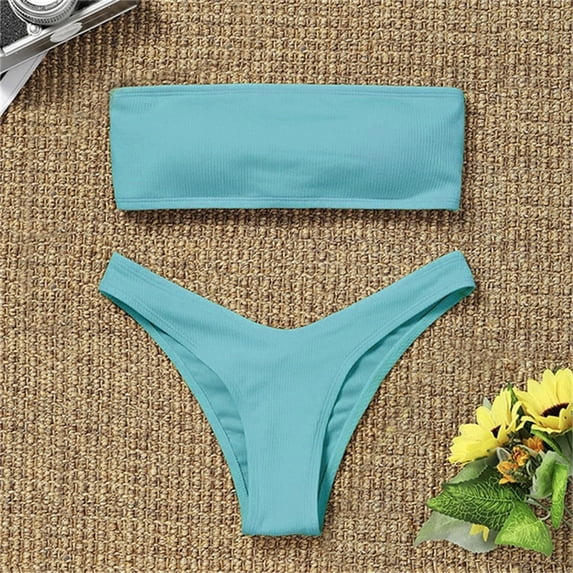 TEVEQ Women's Summer Bathing Suit 2 Piece Bandeau Bikini Strapless Tube Top with High Cut Bottom Swimsuit Set,Two Piece Bandeau Swimsuit Ribbed Strapless Tube Bikini Top with Cheeky Bottom Green M