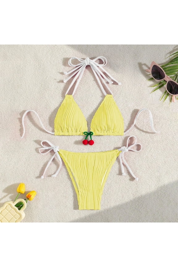 Women's Super Bikini Three Point Swimsuit Cherry Strap High End Resort Wear Swim Suits for Women 2025 Bikini Sets for Women Bathing Suit for Women Bikini 2025 New Triangle Bikini Sets Yellow M
