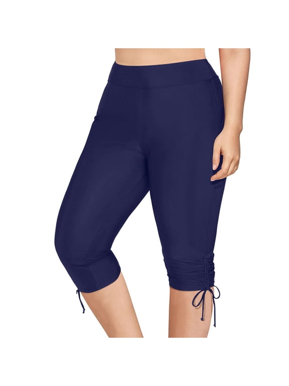 Women's Swim Capris Pants Quick Dry Modest Swimsuits High Waist Swim Briefs Beach Shorts Ruched High Cut Full Coverage Knee Length Tankini Swim Shorts Upf 50+ Bathing Suit Bottoms Beach Pants