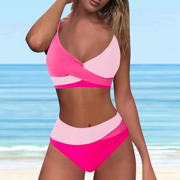 TEVEQ Women's Two Swimsuit High Waisted Bikini Sets Color Block Bathing Suits Swim Suits for Women 2025 Bikini Sets for Women Bathing Suit for Women Bikini 2025 New Triangle Bikini Sets Red L