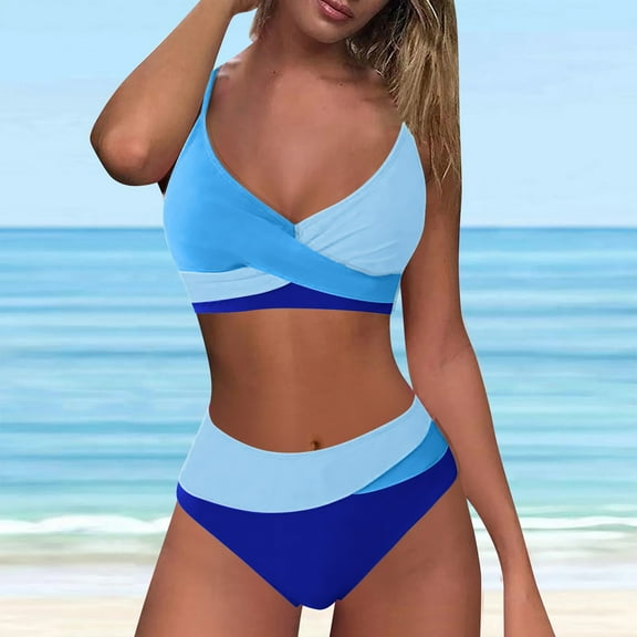 TEVEQ Women's Two Swimsuit High Waisted Bikini Sets Color Block Bathing Suits Swim Suits for Women 2025 Bikini Sets for Women Bathing Suit for Women Bikini 2025 New Triangle Bikini Sets Blue Xl