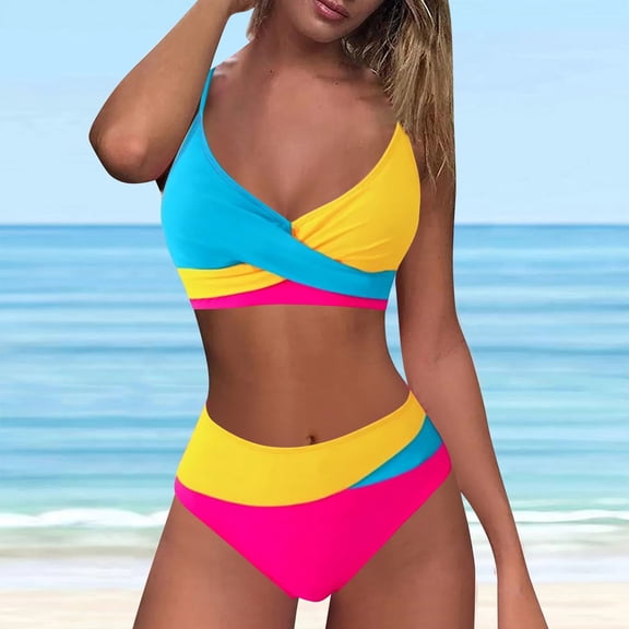 TEVEQ Women's Two Swimsuit High Waisted Bikini Sets Color Block Bathing Suits Swim Suits for Women 2025 Bikini Sets for Women Bathing Suit for Women Bikini 2025 New Triangle Bikini Sets Yellow S