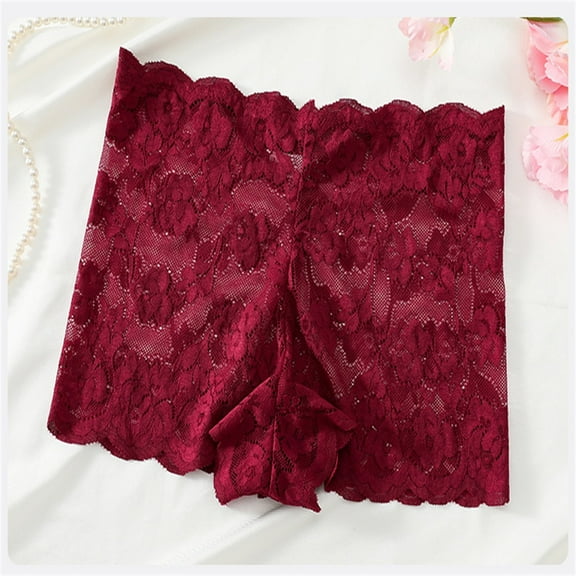 TEVEQ Women's Underwear Lace Shorts Mid Waist Breathable Cheeky Panties Boyshorts Underwear Women for Women Lace Waist See Through Cotton Crotch Women Flat Angle Wine M