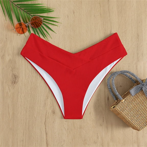 TEVEQ Women's V Cut High Waisted Swim Bottom Ribbed High Cut Bikini Swimsuit Bottom Bikini Bottoms for Women Womens Bikini Bottom Low Waisted Bathing Swimsuit Bathing Suit Bottoms Cheeky Red L