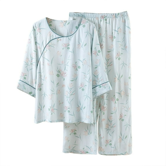 TEVEQ Womens 2Pcs Cotton Pajamas Set Long Sleeve Sleepwear Cute Print Pj Set with Wide Leg Long Pants Pure Cotton Yarn Dyed Pajamas with Nine Minute Sleeves and Cardigan Home Dress Set Blue M