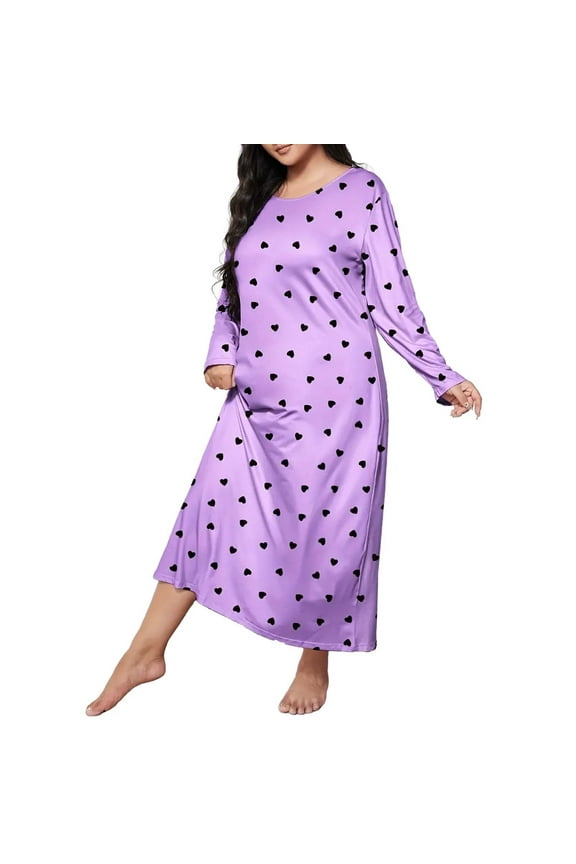 Womens Nightgowns Cotton Sleepwear Plus Size Sleep Shirt Long Sleeve Nightshirt Print Sleepshirt Women's Casual Heart Print Round Neck Stretch Loose Nightdress Wine 3Xl