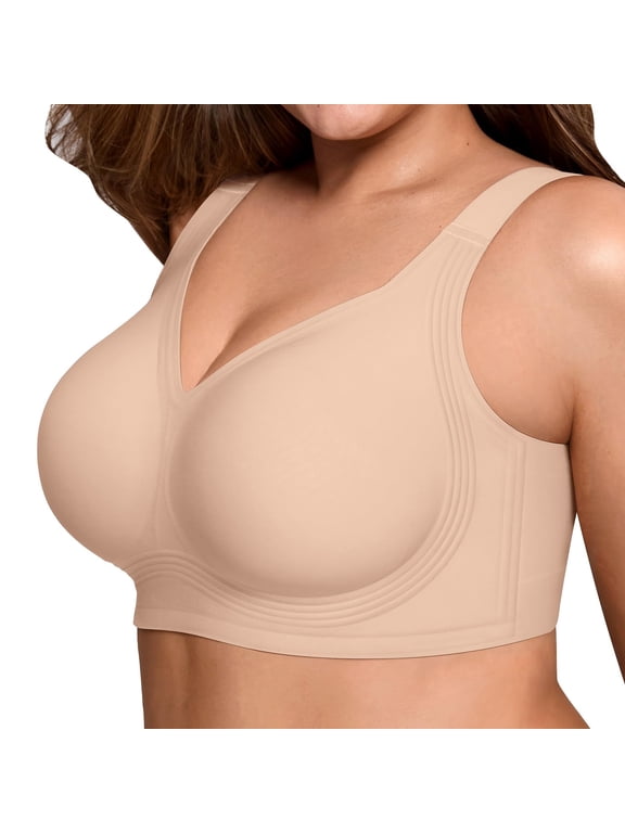 Womens Wireless Bras Comfortable Push Up Bra No Underwire Bra Full Support Lift Bralette Everyday Seamless Tshirt Bras for Older Comfy Convenient Front Closure Bras Full Coverage Bra Beige S
