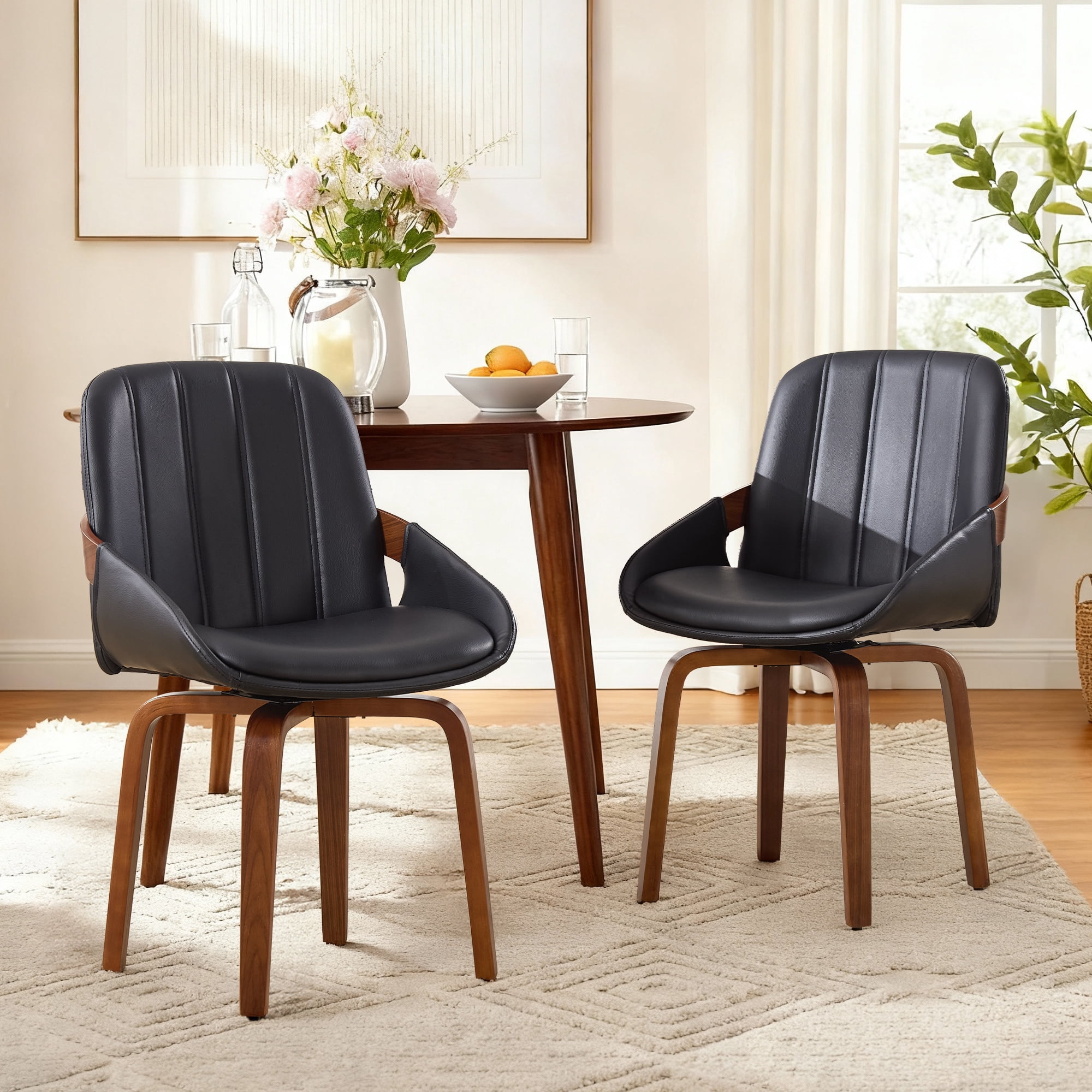TEWLOSS Swivel Dining Chair Set of 2, Black PU Leather Mid Century ...