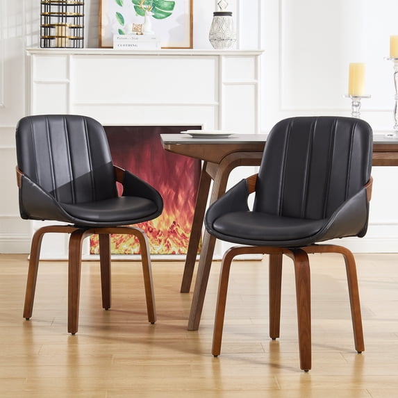 TEWLOSS Swivel Dining Chair Set of 2, Black PU Leather Mid Century Kitchen Chairs
