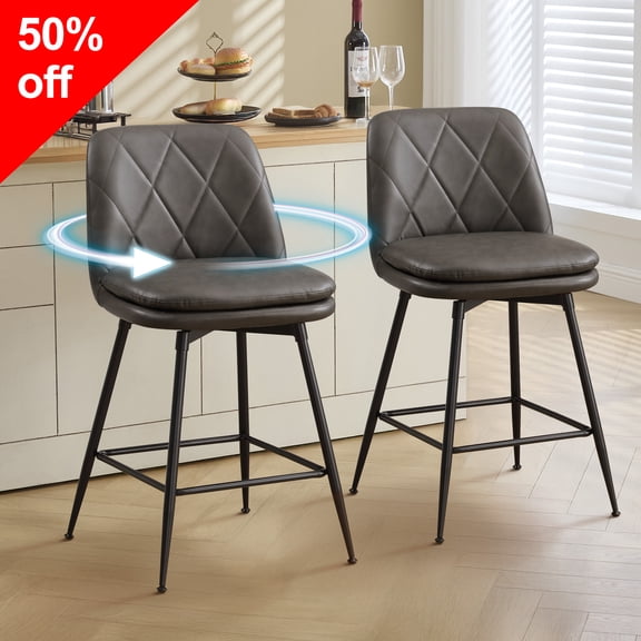 TEWLOSS 24" Counter Height Bar Stools Set of 2 Swivel Barstools Faux Leather Kitchen Chairs, Gray