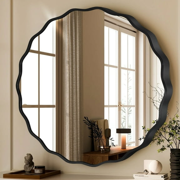 TEWLOSS 24inch Round Wavy Wall Mirror, Black Metal Frame for Bathroom & Vanity Decor