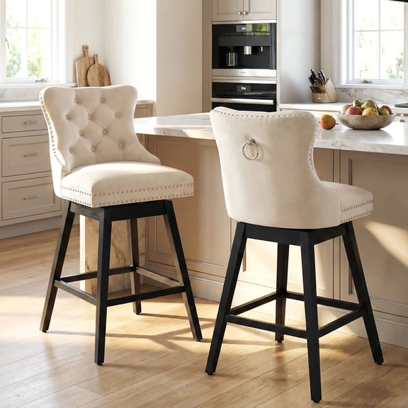 Fahomiss 26" Counter Height Swivel Bar Stools Set of 2, Beige Velvet Kitchen Island Chairs with Back