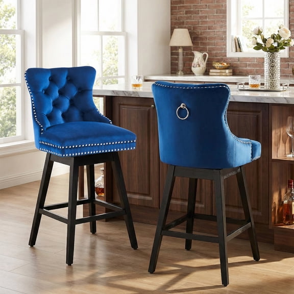 Fahomiss 26" Counter Height Swivel Bar Stools Set of 2, Blue Velvet Kitchen Island Chairs with Back