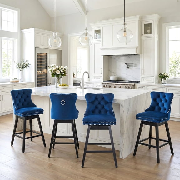 Fahomiss 26" Counter Height Swivel Bar Stools Set of 4, Blue Velvet Kitchen Island Chairs with Back