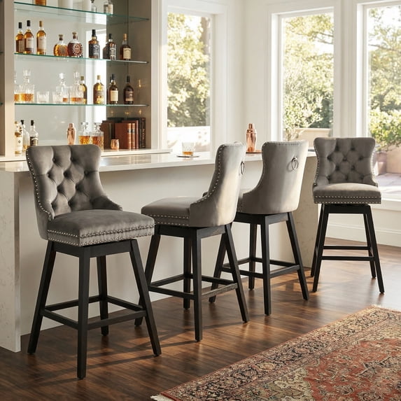 Fahomiss 26" Counter Height Swivel Bar Stools Set of 4, Gray Velvet Kitchen Island Chairs with Back
