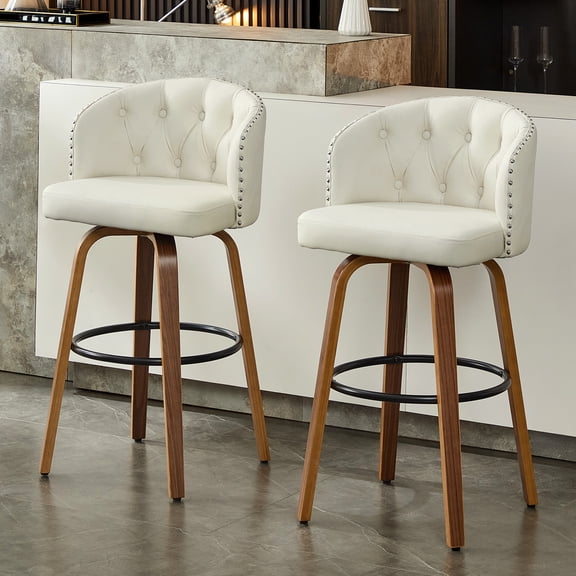 TEWLOSS 26" Swivel Counter Height Bar Stools with Back Set of 2, White Leather Kitchen Stools