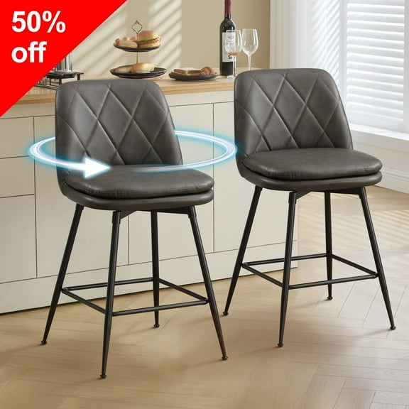 TEWLOSS 28" Bar Stools Set of 2 Swivel Barstools Faux Leather Kitchen Chairs, Gray
