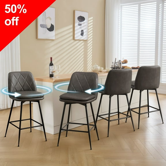 TEWLOSS 28" Bar Stools Set of 4 Swivel Barstools Faux Leather Kitchen Chairs, Gray