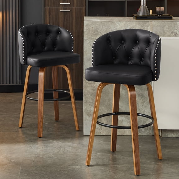 TEWLOSS 28" Swivel Bar Height Bar Stools with Back Set of 2, Black Leather Farmhouse Stools