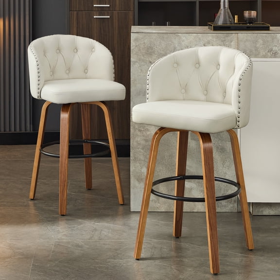 TEWLOSS 28" Swivel Bar Height Bar Stools with Back Set of 2, White Leather Farmhouse Stools