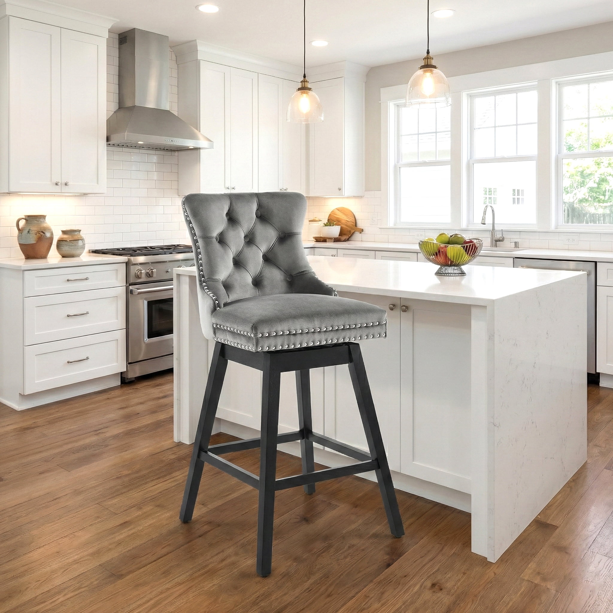 Fahomiss 30" Swivel Bar Stools, Gray Velvet Bar Height Barstools with Back for Home Pub