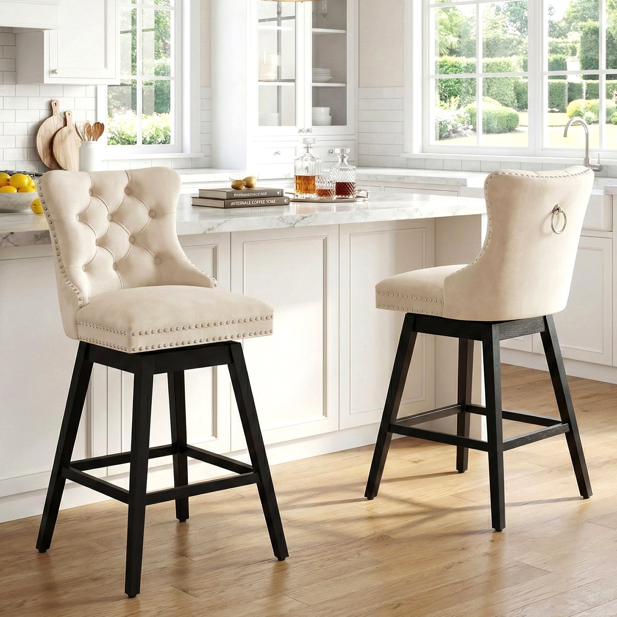 TEWLOSS 30" Swivel Bar Stools Set of 2, Beige Velvet Bar Height Chairs with Back for Home Pub