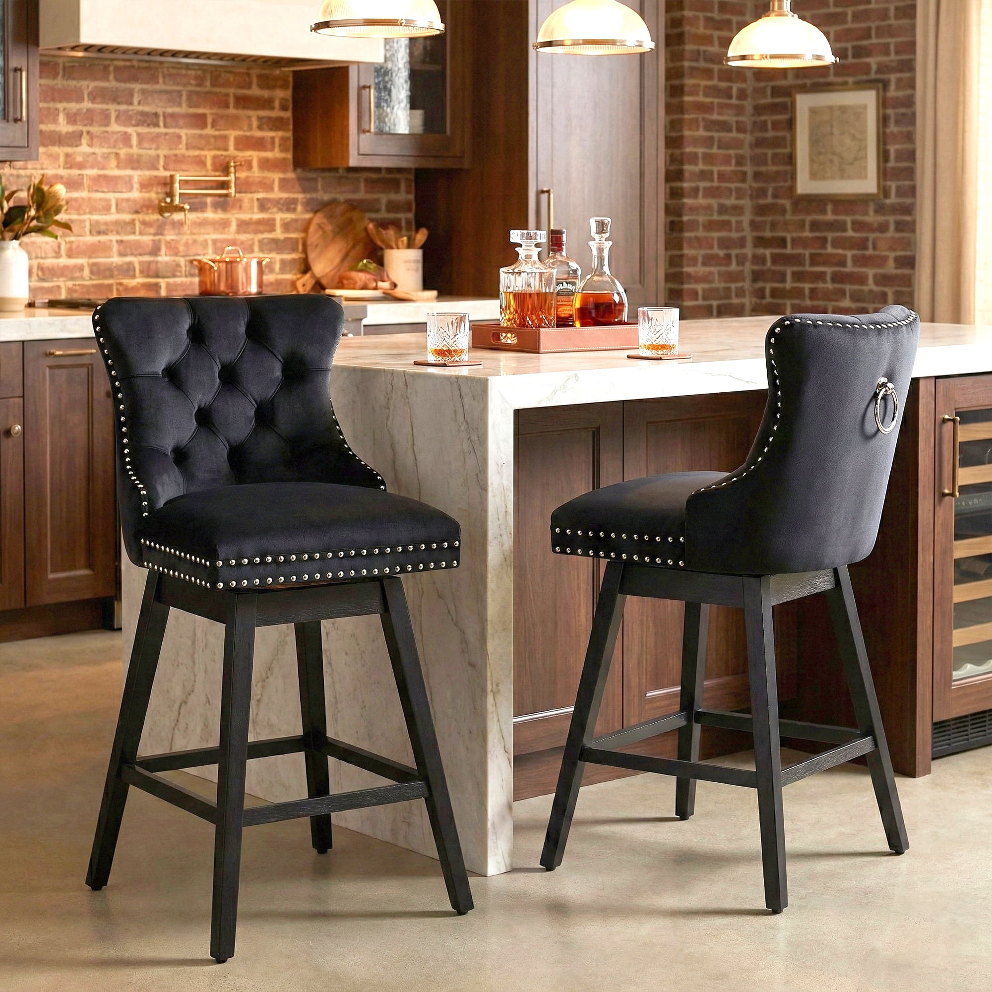 TEWLOSS 30" Swivel Bar Stools Set of 2, Black Velvet Bar Height Chairs with Back for Home Pub