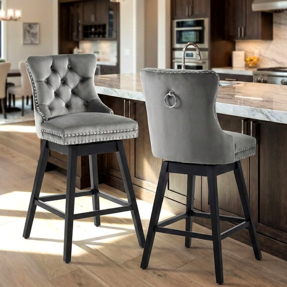 TEWLOSS 30" Swivel Bar Stools Set of 2, Gray Velvet Bar Height Chairs with Back for Home Pub