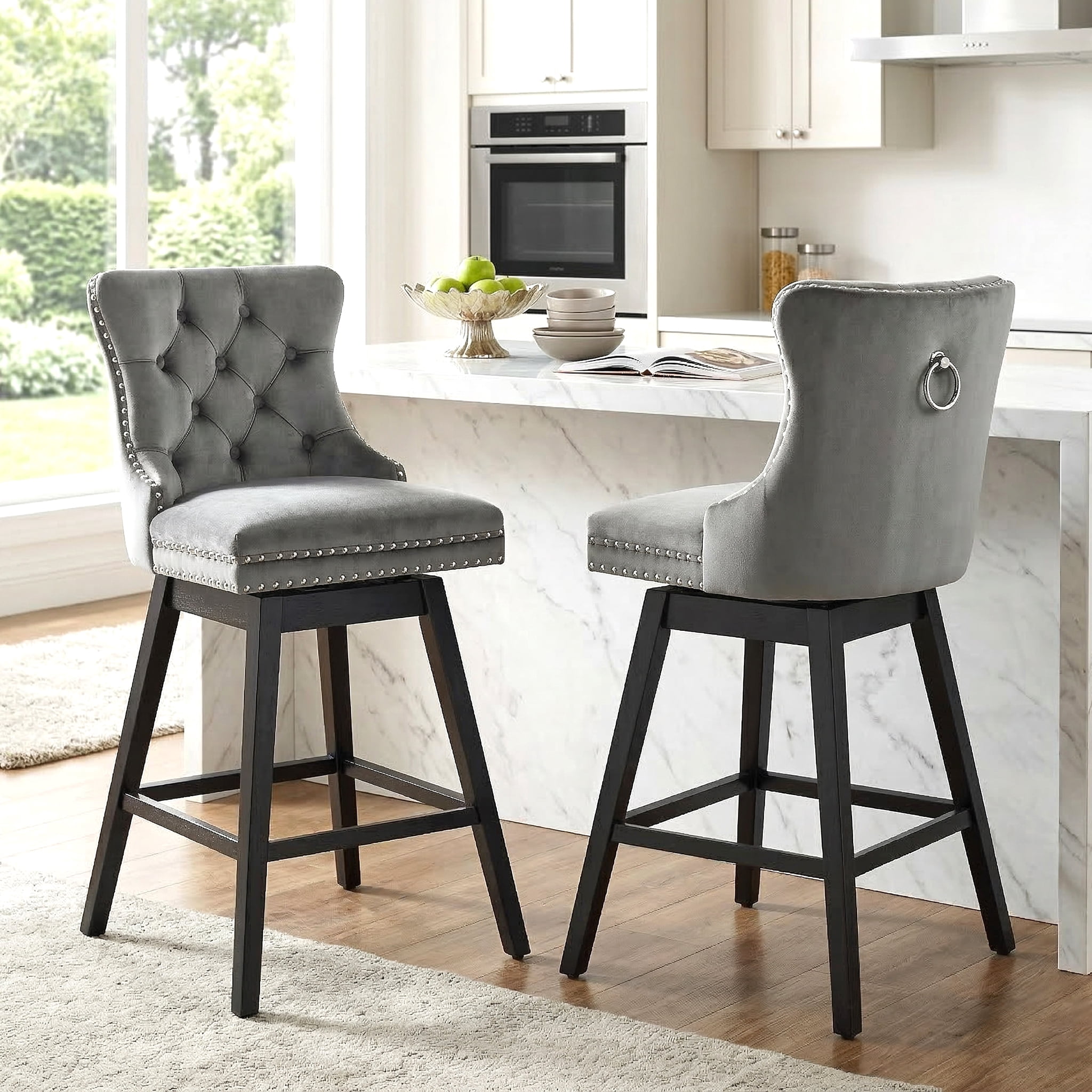 TEWLOSS 30" Swivel Bar Stools Set of 2, Gray Velvet Bar Height Chairs with Back for Home Pub