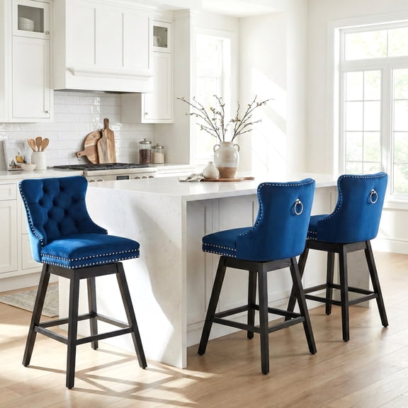 TEWLOSS 30" Swivel Bar Stools Set of 3, Blue Velvet Bar Height Chairs with Back for Home Pub