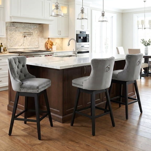 TEWLOSS 30" Swivel Bar Stools Set of 3, Gray Velvet Bar Height Chairs with Back for Home Pub
