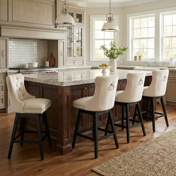 TEWLOSS 30" Swivel Bar Stools Set of 4, Beige Velvet Bar Height Chairs with Back for Home Pub